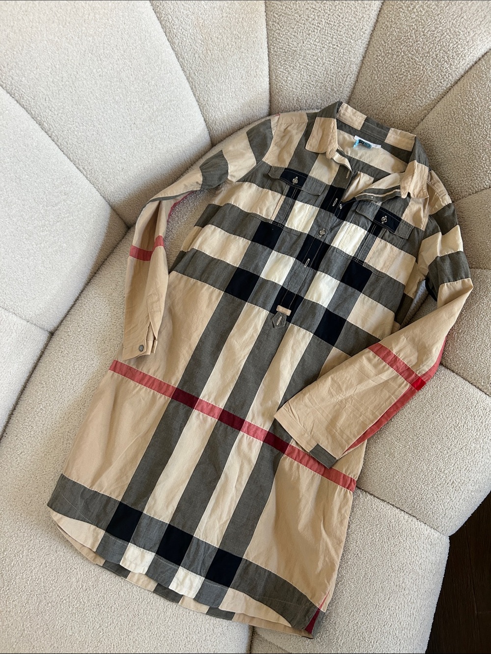 Burberry Beige Plaid Long Shirt Jacket with Red Stripe